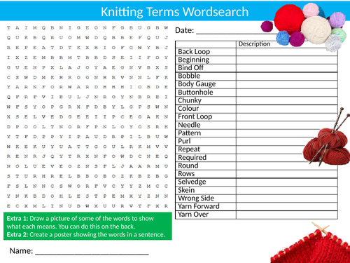 2 x Knitting Terms Wordsearch Sheet Starter Activity Keywords Cover Homework Textiles Technology