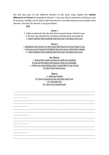 Eduqas A-level Music Rock & Pop Comparison Sample Question: "Wonderwall"