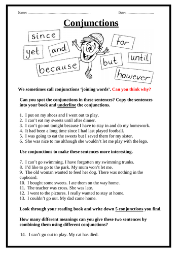 Conjunctions Worksheet Teaching Resources