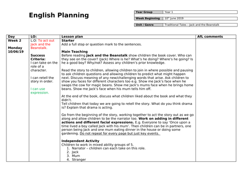 Year 1 Jack and the Beanstalk planning