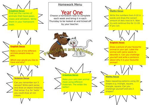 Paws, claws and whiskers homework grid Year 1