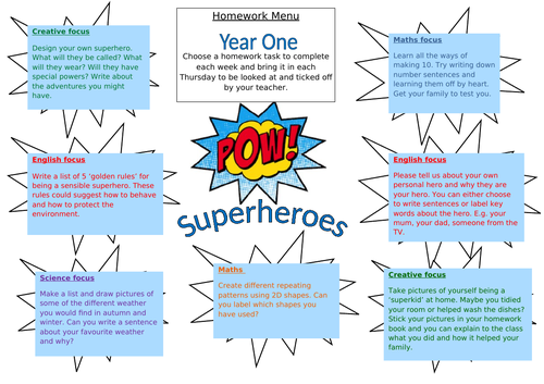 Year 1 Superheroes homework grid