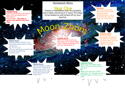 Year 1 space homework grid