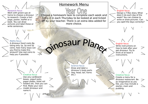 Dinosaurs homework grid Year 1