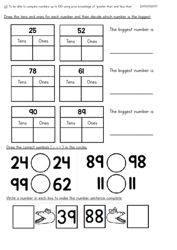 year 1 comparing numbers up to 100 worksheets and extension teaching