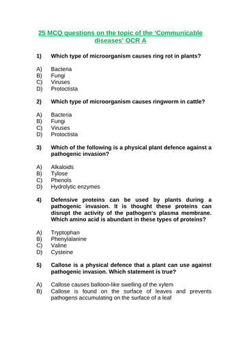OCR A 25 MCQS on  'Immune System/Immune Response/Communicable diseases/Plant defences'