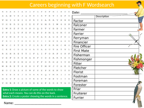 Jobs Beginning with F Wordsearch Sheet Starter Activity Keywords Cover Homework Careers