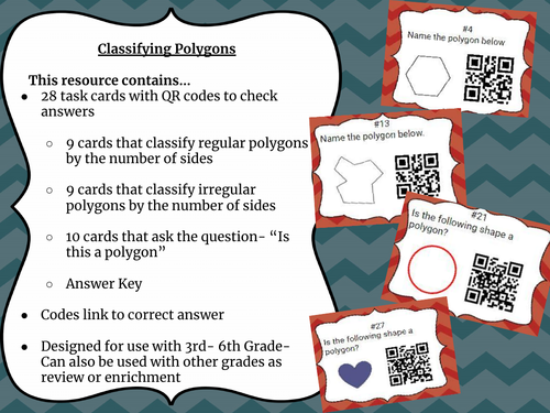 28 Classifying Polygons Task Cards w/QR Codes (by sides & Polygon or Not cards)