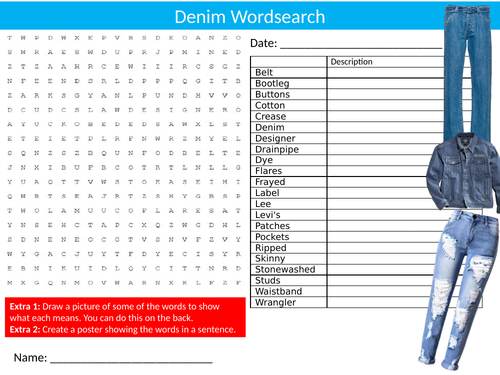 Denim Wordsearch Sheet Starter Activity Keywords Cover Homework Textiles Technology