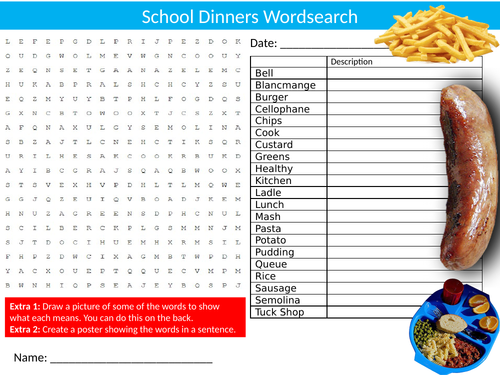 School Dinners Wordsearch Sheet Starter Activity Keywords Cover Homework Food Technology