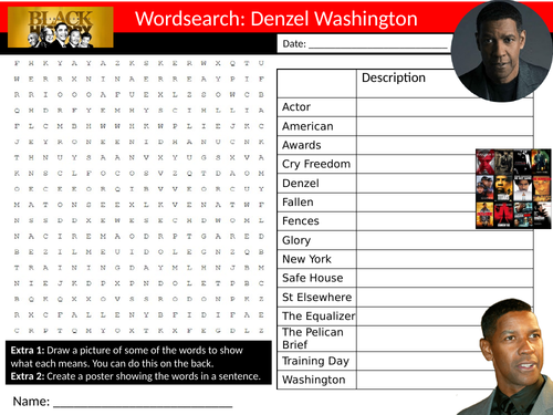 Denzel Washington Wordsearch Sheet Starter Activity Keywords Cover Homework Actor Celebrity Drama