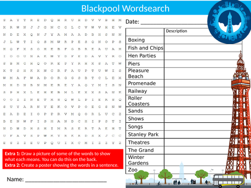 Blackpool Wordsearch Sheet Starter Activity Keywords Cover Homework History Geography