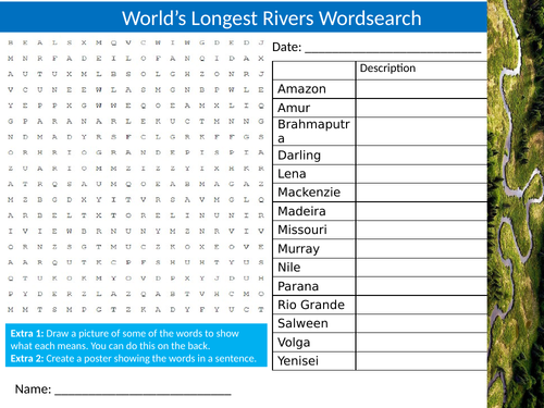 World's Longest Rivers Wordsearch Sheet Starter Activity Keywords Cover Homework Geography