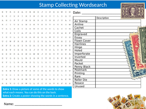 Stamp Collecting Wordsearch Sheet Starter Activity Keywords Cover