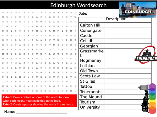 City of Edinburgh Wordsearch Sheet Starter Activity Keywords Cover Homework Geography