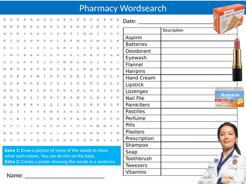 The Pharmacy Wordsearch Sheet Starter Activity Keywords Cover Homework Shopping