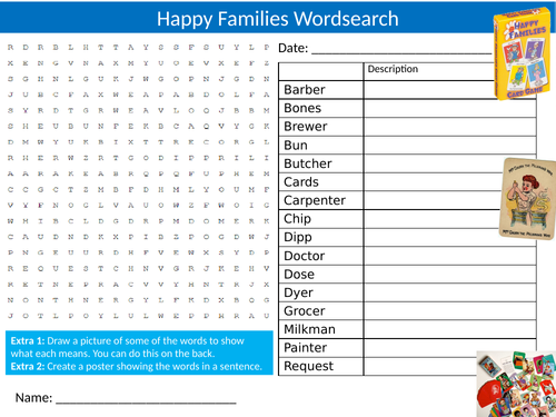 Happy Families Card Game Wordsearch Sheet Starter Activity Keywords Cover Homework