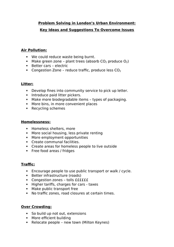 Problem Solving in London’s Urban Environment: Key Ideas and Suggestions To Overcome Issues