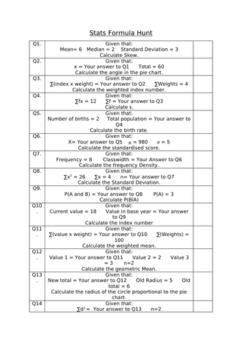 Statistics Formula Hunt (GCSE Statistics)