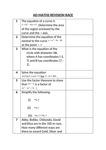 Ad-Maths Revision Race (FSMQ Additional Maths)