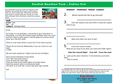 Functional Skills English Reading  EL2 - Eating Out