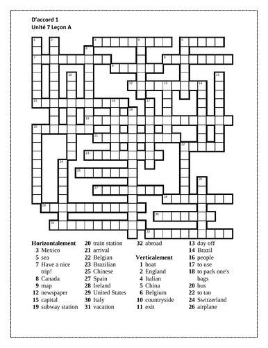 D'accord 1 Unité 7 Leçon A Crossword