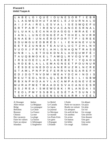 D'accord 1 Unité 7 Leçon A Wordsearch