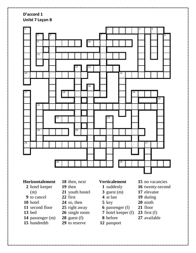 D'accord 1 Unité 7 Leçon B Crossword