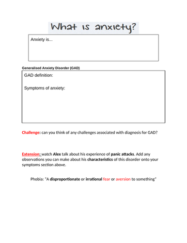 9990 CIE Y13 L1 Characteristics and types of Anxiety Disorders Handout ...