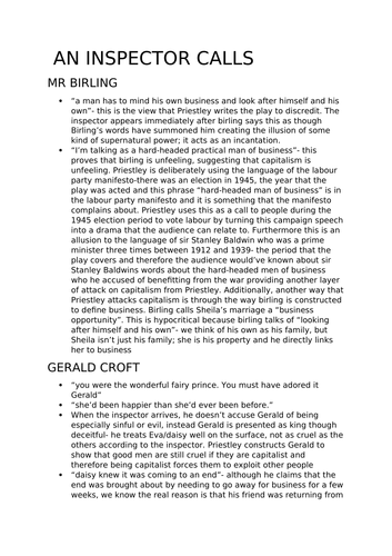 English literature - An Inspector Calls characters and themes revision