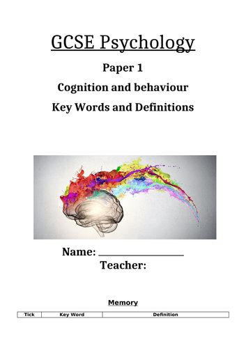 GCSE Psychology AQA New Spec 2017 Paper 1 Cognition and Behaviour - KEY WORDS & DEFINITIONS BOOKLET