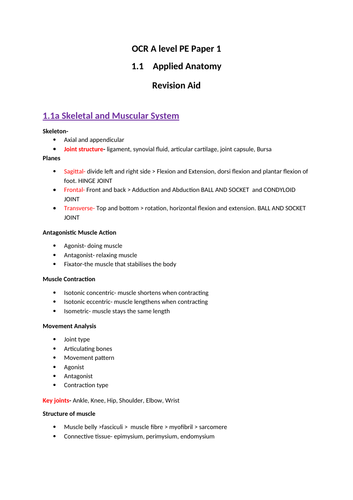 OCR A Level PE Paper 1. 1.1 Applied Anatomy revision aid