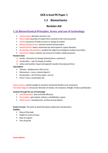 OCR A Level PE paper 1. 1.3 Biomechanics revision aid