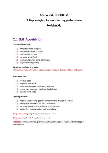 OCR A Level PE Paper 2 Psychology and skill Acquisition revision aid