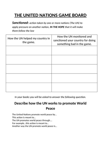 United Nations Game Board and info sheet