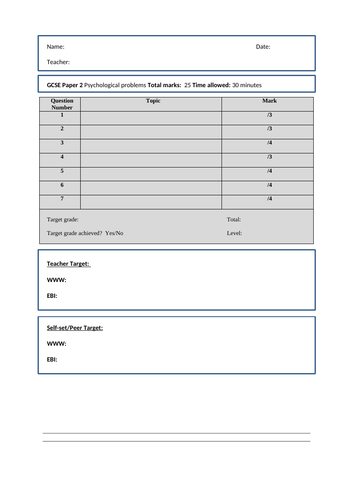 GCSE Psychology AQA New Spec 2017 Paper 2 - PSYCHOLOGICAL PROBLEMS - End of Topic Test
