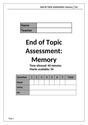 A Level Psychology AQA Paper 1 - MEMORY - End of Topic Test and Mark Scheme