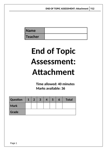 A Level Psychology AQA Paper 1 - ATTACHMENT - End of Topic Test and Mark Scheme