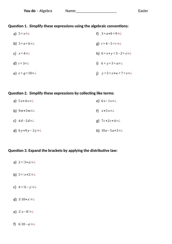 Intro to Alegbra Worksheets Differentiated