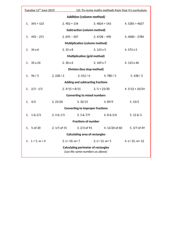 Year 4: Maths Revision Sheet