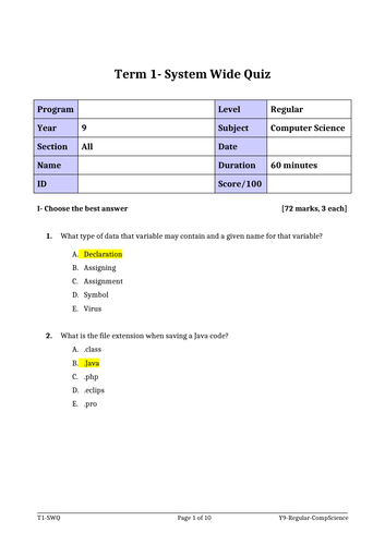 Java Programming test with solution and whole lesson for Year 8 , 9 and 10