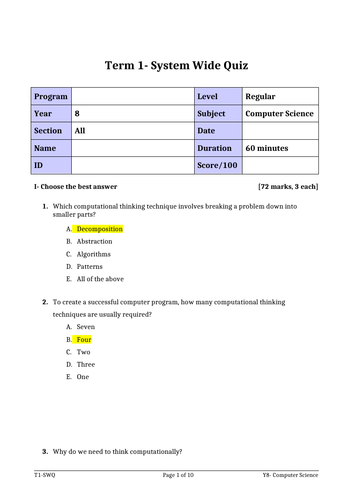 Computational Thinking Exam with solution and classroom CT activities for Year 6/7/8/9