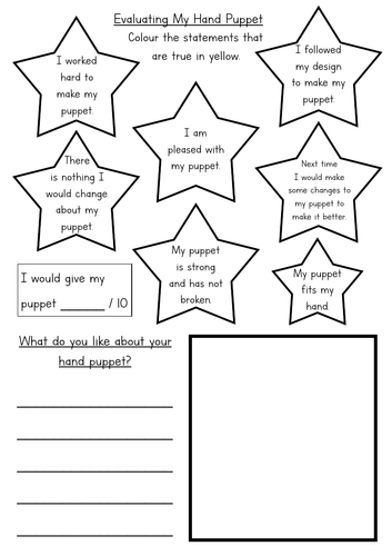 KS1 Hand Puppet Evaluation Sheet Differentiated