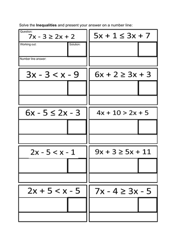 Solving Inequalities and Presenting Answers on a Number Line (Matching Activity)