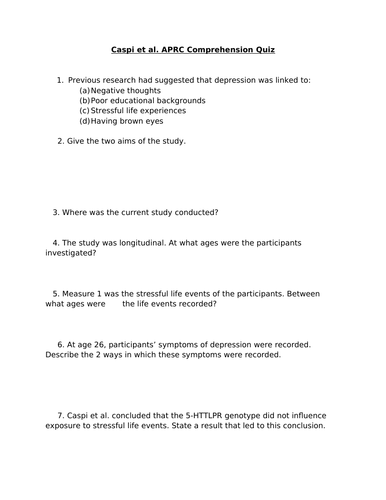 Edexcel 9-1 Psychology GCSE Caspi et al. Quiz