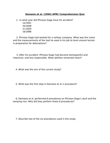 Edexcel 9-1 GCSE Psychology Damasio et al. Quiz