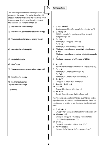 Physics paper 1 equations revision sheet (including separate) by ...