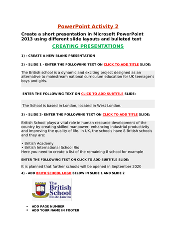 Microsoft PowerPoint  Presentation practical basics activities for Year 7