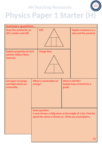 AQA GCSE Physics Paper 1 Starter Questions