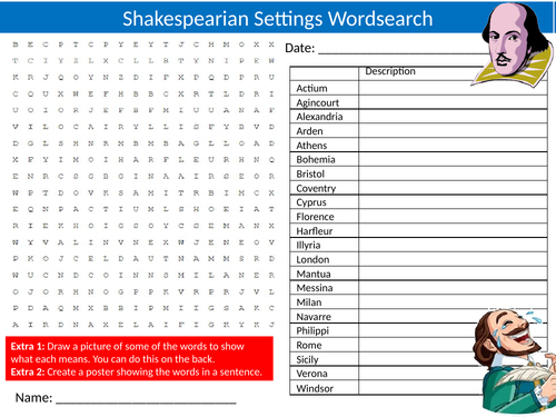 Shakespeare Settings Wordsearch Sheet Starter Activity Keywords Cover Homework English